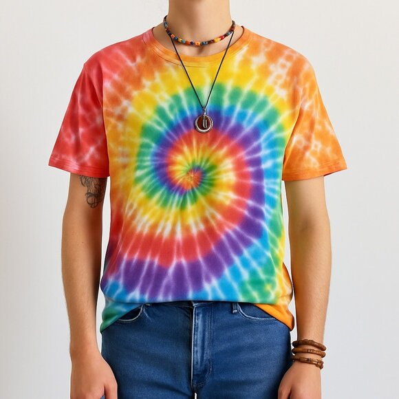 Mens Unisex XXL Rainbow Tie-Dye Spiral T-Shirt 100% Cotton Short Sleeve Festival - Picture 1 of 12